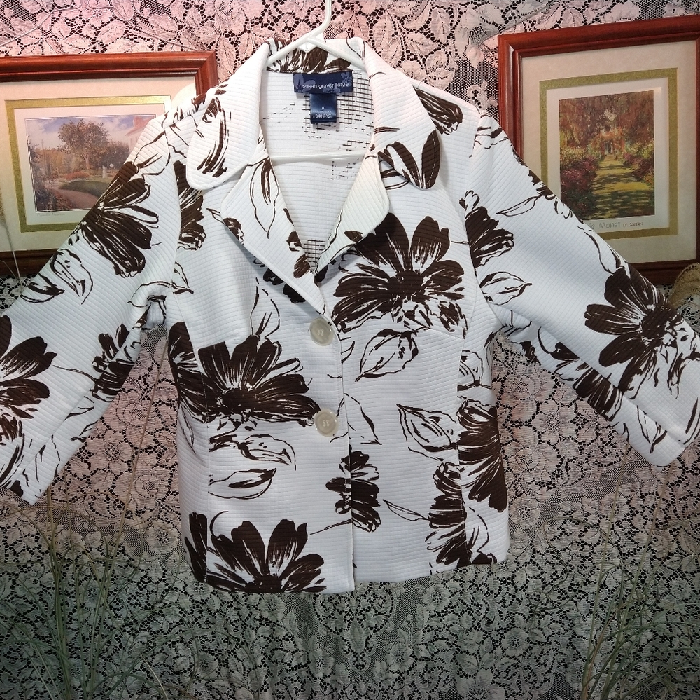 Susan Graver brown white abstract floral polyester blazer with shoulder pads